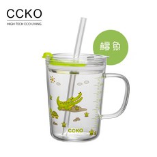 CCKO 可愛動物吸管杯 350ml 附兩用蓋 刻度玻璃杯, 1個, 鱷魚