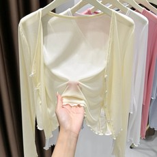 冰絲涼感薄紗防曬開衫女披肩夏季配裙子吊帶外搭罩衫網紗上衣短版, XL建議115-130斤