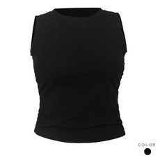 LUCISSI 無袖螺紋瑜珈背心 圓領修身 側邊皺褶收腰 柔軟親膚運動上衣