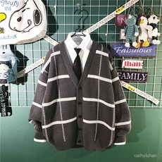 優選大碼針織外套男秋冬季慵懶風加厚格子開衫毛衣外套男日係複古寬鬆長袖V領針織衫