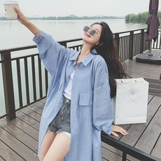 프렌치 빈티지 스트라이프 셔츠 원피스 여름 루즈핏 롱 드레스, 블루