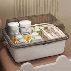 奶瓶收納箱 瀝水架 防塵帶蓋 嬰兒輔食工具碗筷收納盒, 中號灰藍色,全新PP材質+權威質檢報告【售後無憂】