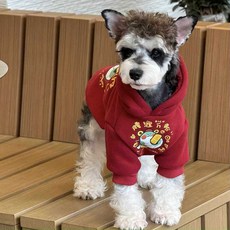 i豆寵物生活館 寵物貓狗衣服秋冬新年紅色喜慶連帽紅色腰纏萬貫衛衣雪納瑞衣服, 腰纏萬貫紅色【加絨款】,L【建議4.5-7.0公斤】, 1個