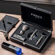 FREED 雙刃式刮鬍刀豪華禮盒四件組 - F滿版鍍鎳浮雕 刻字 男士禮品, 1個, 不需刻字, 120