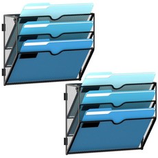 SUPEASY 후크가 있는 3단 벽 파일 홀더 오거나이저 메시 걸이 파일 오거나이저 종이 폴더 사무실 잡지 랙용 벽걸이 우편 정리함 블랙 2팩, SUPEASY 후크가 있는 3단 벽 파일 홀더 오거나이