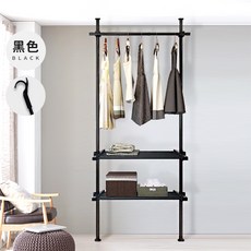 頂天立地收納架 工業風粗管衣架 免打孔伸縮晾衣桿 落地衣桿架, 一層二板 - 黑色