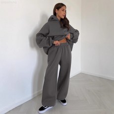 連帽衛衣套裝歐美2025秋冬新款帶口袋衛衣闊腿長褲休閒套裝女