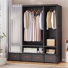 Briliant 조립식 커튼 스텐드 행거 무볼트 가벼운 수납 옷장 선반형 비키니옷장 G518-049, 블랙