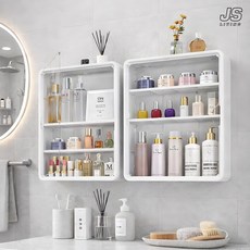 JS리빙 무타공 세면대 수납 욕실선반 벽걸이 투명 수납장 화장품 정리 주방 양념통 정리대 먼지차단 공간활용 다용도 보관함 심플 인테리어 3단 벽걸이 선반 JSLIVING@BSS15, 1개, 화이트