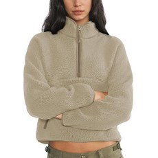 Keeliya 여성용 플리스 스웨트셔츠 크롭 하프 지퍼 퍼지 웜 셰르파 풀오버 바시티 재킷 지퍼 포켓 포함 카키 L