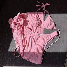 新款露背抽繩綁帶比基尼三件式泳裝, 粉色