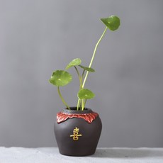 宜興原礦紫砂彩繪花瓶，迷你小花器，茶寵擺件, 喜（送仿真花）
