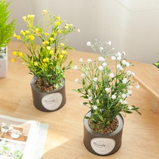 안개꽃 조화 화분 네츄럴 캔 set 30cm 인테리어 테이블 장식 소품 꾸미기, 옐로우, 1개