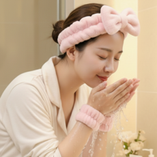 코지플랜 소매 뽀송 흘러내림 없는 세안밴드 + 손목밴드, 1세트, 핑크