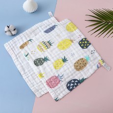 六層紗布口水巾方巾：柔軟吸水、多用途寶寶手帕、兒童洗臉巾、幼兒園必備, 1個, A-54-彩色鳳梨【30*30】, 白色