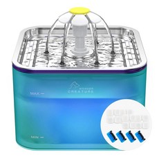 Crystal Cat 분수 스테인리스 스틸 필터 4개와 스폰지 4개 2.9L(100온스)/3L 반려동물 분수 고양이 및 강아지용 LED 조명 포함 (그린), Crystal Cat 분수 스테인리스 스틸, 필터 4개, 1, 1