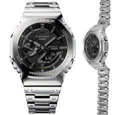 【CASIO 卡西歐】G-SHOCK 太陽能智慧藍芽奢華不鏽鋼八角形雙顯錶-銀(GM-B2100D-1A ), 黑