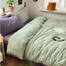 그린 스트라이프 워싱 면 침구 4종 세트 이불커버+침대시트+베개커버