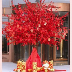 許愿樹 仿真桃花樹，過年裝飾品、春節樹、庭院擺件、客廳商場裝飾, 仿真紅色桃花樹,圓形1.8米高1米寬, 1個