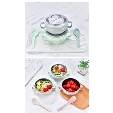 DIU 不鏽鋼兒童碗卡通雙柄帶蓋+勺子飯碗寶寶輔食餐具, 1個, 4色混裝優先發貨300ML:如圖