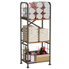 욕실 타월 보관 M자형 칸막이가 있는 3단 프리 스탠딩 타월 랙 욕실용 탄소강 및 나무 타월 정리함 욕실용 타월 스탠드 가정 및 수영장용 컴팩트 타월 선반, 욕실 타월 보관, M자형 칸막이가 있는 3단 프리 스탠