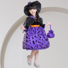 Nrkiz 蝙蝠女巫紫色萬聖節服裝魔法紫裙女巫套裝（衣服+帽子+披風+包）