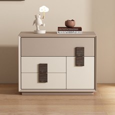 實木床頭櫃 邊幾 置物架 輕奢簡約 現代全實木 新款三層皮質 床頭櫃 極簡落地高級 臥室床邊斗櫃, 1個, P7 深灰 米白,整裝(無需安裝) 50x40x50cm