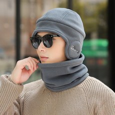 니트 방한모자 남녀공용 모자 보온 머플러 일체형 꽈배기, 1개, 37050-진회색