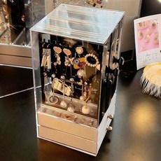 亞克力透明3門2抽首飾盒 耳環收納掛項鏈耳飾展示架, 1個, 黑色