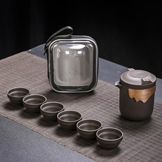 旅行功夫紫砂茶具套裝 一壺六杯 便攜收納, 紫砂旅行茶具1壺6杯 透明包, 1套