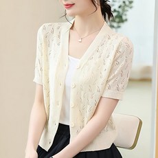 ROYALBELLE 여성 브이넥 단추 반팔 펀칭 얇은 레이온 자외선 차단 니트 가디건