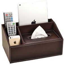 皮質桌面多功能收納盒 (含紙巾盒), 1個, 大款皮革咖