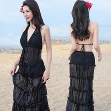 海島度假沙灘三件套泳衣 輕工法式掛脖V領純欲風長裙女夏, S 適合80-95斤小姐姐
