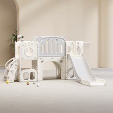 台灣出貨 TCC檢驗 兒童滑梯鞦韆組 160CM加長滑道 折疊收納 寶寶溜滑梯玩具, 1個, 奶酪白+滑梯+籃球框+攀爬+鉆洞