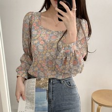 여성 플라워 쉬폰 스퀘어넥 블라우스 셔츠 여름 퍼프소매 레이스 셔링 퍼프 반팔 핀턱 가을