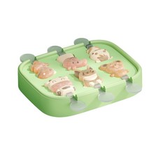 矽膠動物造型冰棒模具 附蓋製冰盒 兒童DIY造型冰淇淋模具, 密封防竄味6格綠色套裝 迴圈棒 森林綠, 1個