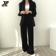 여성 정장 상하세트 와이드 캐주얼 블레이저 오피스 투피스 긴팔 롱자켓 밴딩 하이웨스트 슬랙스 팬츠 셋업 하객룩 출근룩