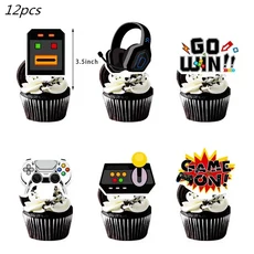 130220cm 블랙 비디오 게임 테이블보 파티 용품 네온 발광 커버 생일 장식, 12 Cake Topper 12pcs