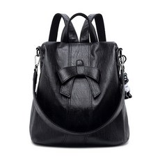 Dobrother 蝴蝶結包女款皮革後背包簡約肩帶方形蝴蝶結可拆卸鑰匙圈皮革後背包女款包包, 黑色