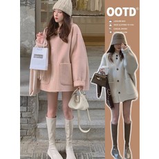 헵번 망토 모직 코트 여 추동 후드 솔리드 미디 핑크 러블리 모직 코트 여