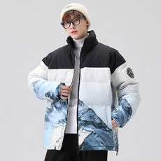 雪山印花情侶款羽絨服 立領長版保暖棉服 冬季運動棉大衣