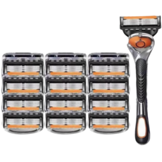 TOVLIVING 5중 면도날 + 면도기 질레트 호환용, 12개, 블랙, 신형 프로글라이드