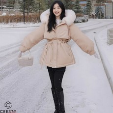 크레스티 여성 루즈핏 털 카라 후드 점퍼 겨울 캐주얼 보온 기모 집업 코트