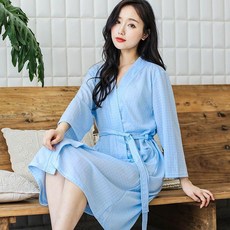 吸水速乾浴袍 家居服 男女通用, 華夫格七分袖-天藍色 女 ,L-建議62.5-72.5公斤穿, 華夫格七分袖-天藍色 女