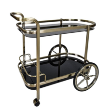 單扶手大輪橢圓酒車 - 含酒架、2色鐵管、清玻/灰玻/黑玻, 1個, 青古銅(電鍍),黑色玻璃