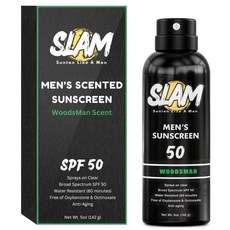 SLAM 우즈맨 남성용 향기 자외선 차단제 SPF 50 – 얼굴 및 신체용 광범위 차단제 방수 땀 저항성 스프레이 50 UVA/UVB 보호, Woodsman SPF 50, 1개