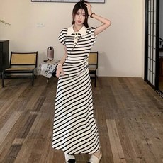 투니스 여성 폴로넥 스트라이프 롱 반소매 원피스