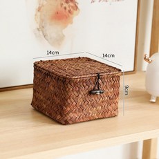 라탄수납함 정리 빈티지 다용도 상자 박스 바구니 소품, 플립 뚜껑, 정사각형 짚 짜임 14x14x9 cm 커피