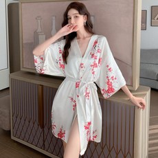 여성 골프가운 숏 여름잠옷 목욕 로브가운 샤워 실크, 2XL(63-72.5kg), 1개, 화이트 플럼 블라썸
