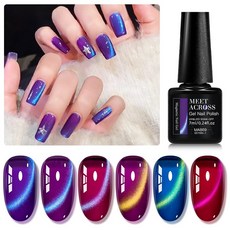 6가지 색상 오로라 캣아이 젤 폴리쉬 마그네틱 네일 폴리쉬 UV/LED 경화 소크 오프 글리터 젤 네일 아트 블루 오로라 효과, 6개, 7ml, 다색의